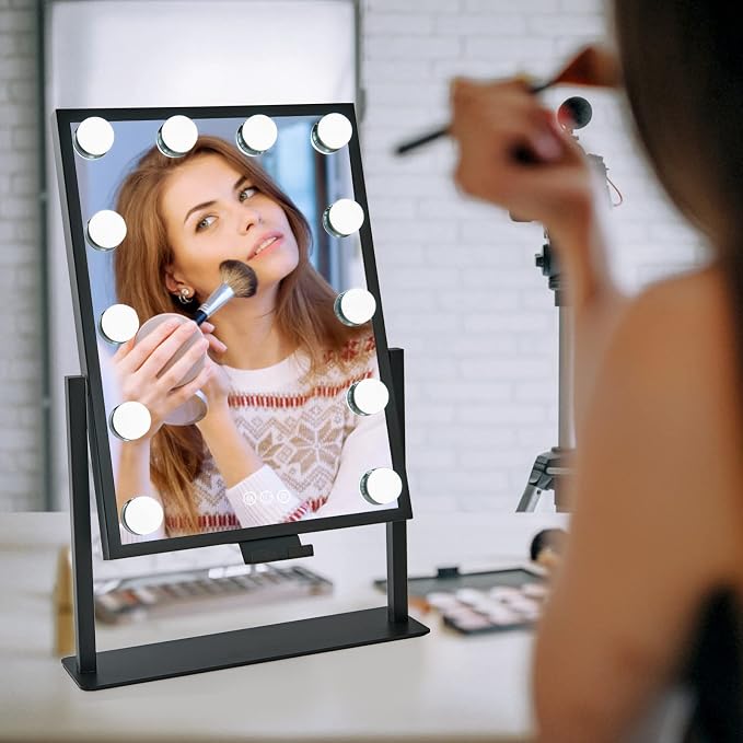 BWLLNI Vanity Mirror with Lights, Black Makeup Mirror with Phone Holder | Hollywood Mirror with 12 Dimmable LED Bulbs, 3 Color Lighting Modes, Detachable 10X Magnification, 360°Rotation