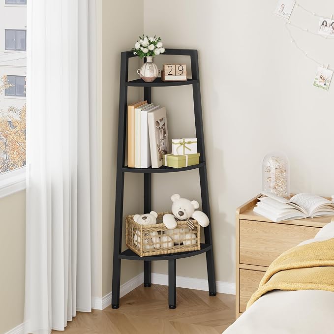 Hoctieon Corner Shelf, 3-Tier 40" Tall Corner Bookshelf, Rustic Ladder Shelf, Industrial Display Stand for Living Room, Kitchen, Home Office, Balcony, Small Space, Metal Frame, Black
