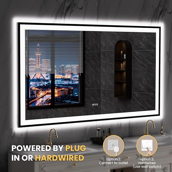 LOAAO 72"X40" LED Bathroom Mirror Black Framed | Anti-Fog, Dimmable, Memory Function, Tempered Glass, Lighted Vanity Mirror for Wall