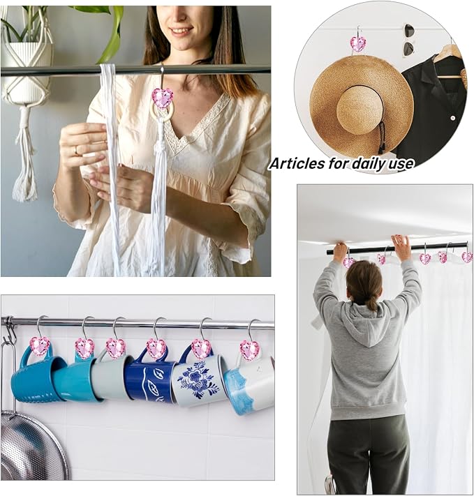 TOAOB 12pcs Shower Curtain Hooks Rings Heart Pink Decorative Rust Proof Stainless Steel Shower Rod Hangers Rings for Bathroom