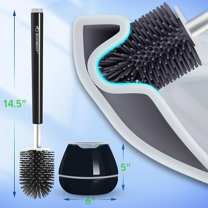 BOOMJOY Toilet Brush and Holder Set, Black Silicone Toilet Bowl Cleaner Brush, Toilet Scrubber Brush with Tweezers for Bathroom Cleaning, RV Accessories and House Organization Must-Haves