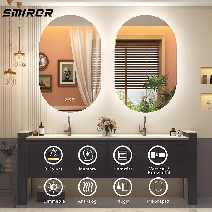SMIROR 20x36 Oval Backlit LED Bathroom Vanity Mirror with Lights for Wall | Pill-Shaped, 3 Color Lighting, Anti-Fog, Memory, Tempered Glass, UL, Horizontal/ Vertical Wall- Mounted