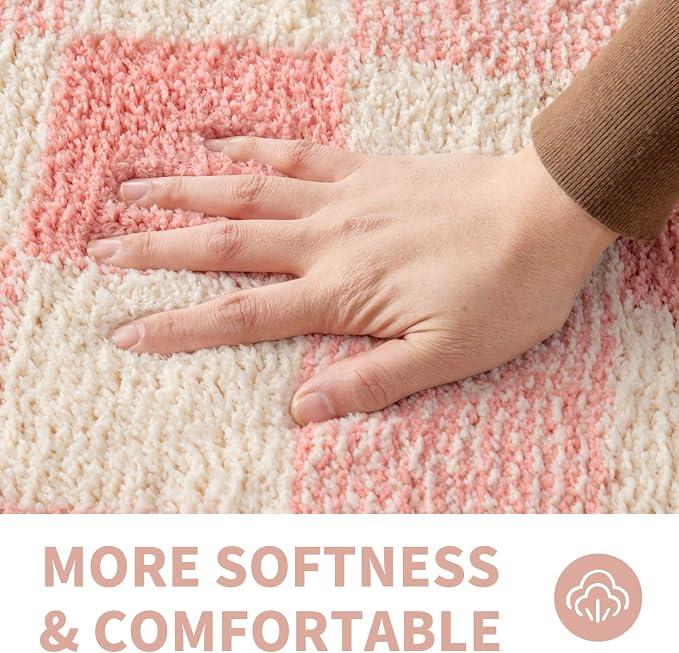 CozeCube Blossom Pink Checkered Bath Mat 47"x24" Non Slip Washable Rug | For Bathroom Non Slip, Fluffy Absorbent Microfiber Bath Mats Machine Wash, Stylish Long Aesthetic Bathroom Rugs