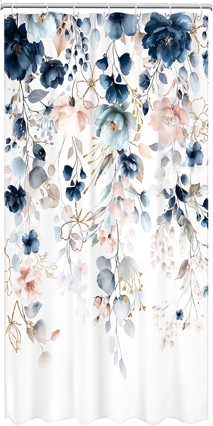 Small Stall Floral RV Blue Pink Bathroom Shower Curtain Set | 36"W x 72"L Flower Watercolor look, waterproof HD printed shower curtain, quick-dry fabric and free hooks.