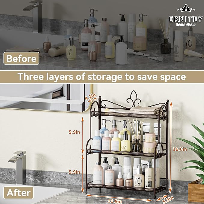 EKNITEY Bathroom Organizer Shelf Countertop - 3 Tier Spice Rack No Assembly | Kitchen Counter Organizer, for Skincare Makeup Vanity, Sturdy Metal Frame, Easy to Clean, Space-saving, Foldable, Brown