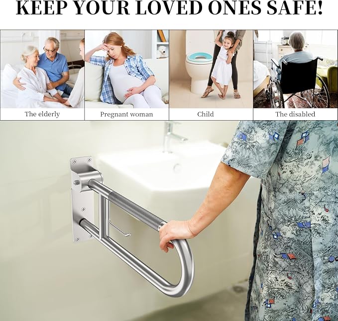 Toilet Grab Bar 24 Inch, YuanDe Brushed Nickel Anti-Slip Support Rail | U Shaped Flip-Up Grab Bar with Paper Holder, Stainless Steel Knurled Handicap Safety Handrails for Disabled Elderly Pregnant