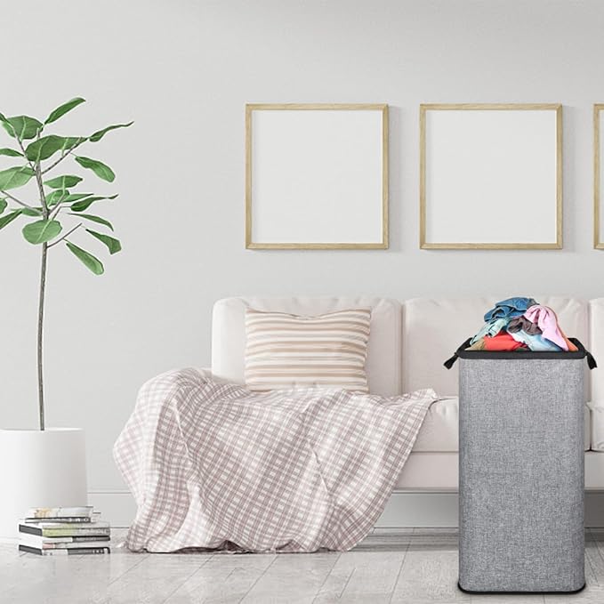 Extra Large Laundry Hamper, Folding 100L Laundry Basket, Grey | Dirty Clothes Hamper for Bedroom, Tall Hamper, Sturdy Storage Organizer for Clothes and Toys