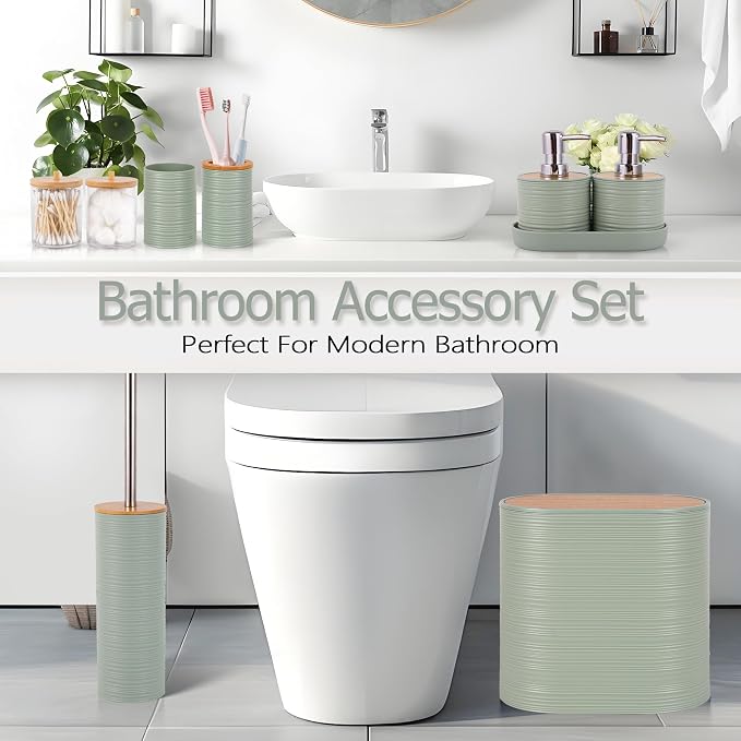 25 PCS Green Bathroom Accessories Set丨Shower Curtain Bathroom Accessory | All-in-One Kit with Shower Curtain,rug,Trash Can,Toothbrush Holder,Toilet BrushSoap Dispenser,Toothbrush Cup,etc for Home