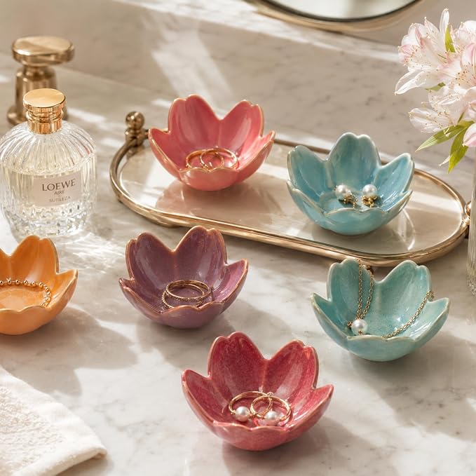 Floral Ceramic Jewelry Tray, 3.5" Ring Holder Trinket Bowl | Petite bowl keeps rings, earrings, keys, and keepsakes visible on vanities or dressers, making a sweet gift for women