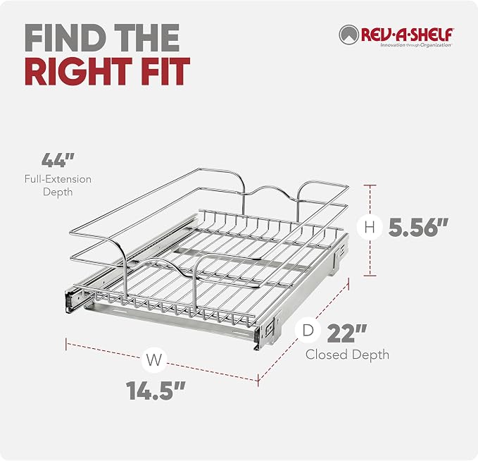 Rev-A-Shelf Pullout Drawer Organizer for Kitchen Cabinets, 15" x 22" | Steel Wire Slide Out Storage Basket, Min Opening Width of 14.5", 5WB1-1522CR-1