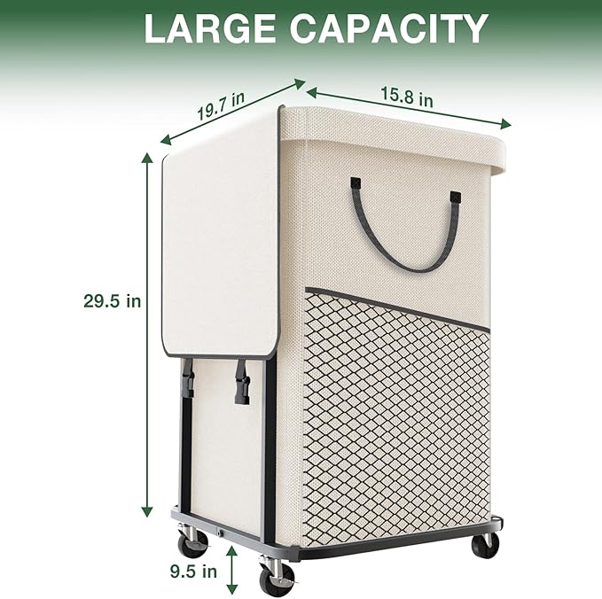 Laundry Basket with Lid, 150L Rolling Laundry Hamper with Wheels White | Dirty Clothes Hamper with Metal Frame and Removable Bag Design,Large Rolling Hampers for Laundry Room, Bedroom,Dorm