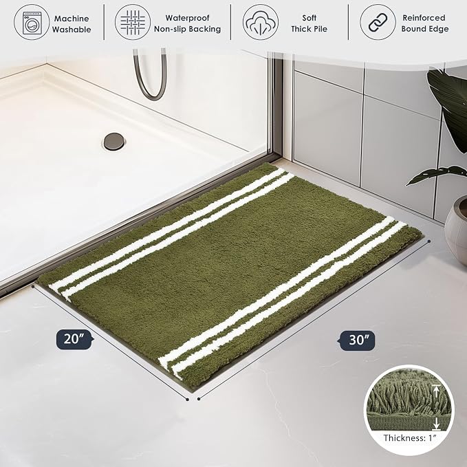 PURRUGS Bathroom Rug, Bath Mat, 20" x 30", Olive Green | Machine Washable, Non-Slip, Waterproof TPR Backing, Super Absorbent, Quick Dry, Bath Rug for Shower, Bathtub, and Sink