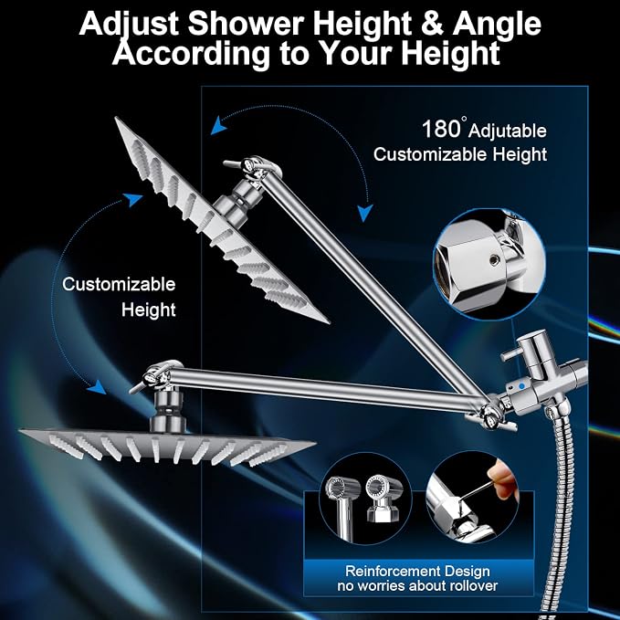 Modern 12" Large Square Rain Showerhead with 5 Modes Handheld Showerhead Combo, Adjustable Arm, Easy Tool-Free Installation