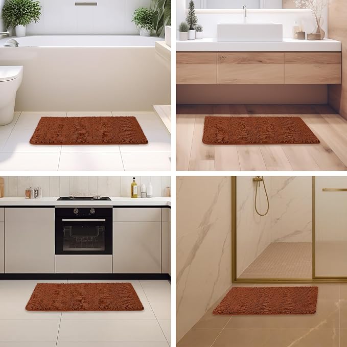 Rust Bathroom Rugs – Absorbent and Washable Bath Mat, Non-Slip, Thick Soft Chenille Bath Rugs for Bathroom Floor, Shower, Sink - 20" x 32"