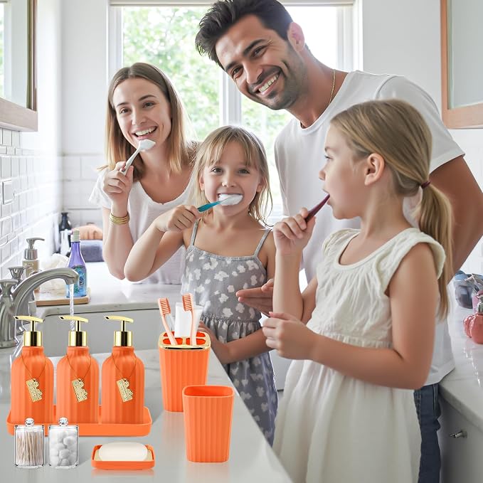 21PCS Bathroom Sets with Shower Curtain and Rugs Bathroom Accessories Set Orange Bathroom Set Complete with Trash Can, Toilet Brush, Qtip Holder & 3PCS Soap Dispenser