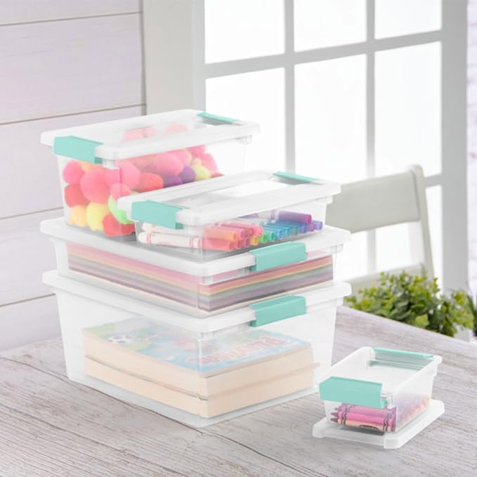 Sterilite Small Clip Box, Stackable Small Storage Bin with Latching Lid, Plastic Container to Organize Office, Crafts, Clear Base and Lid, (Pack of 6) | Storage Containers with Latching Lids for Writing, Arts or Crafts Supplies - Home, Office, Classroo...