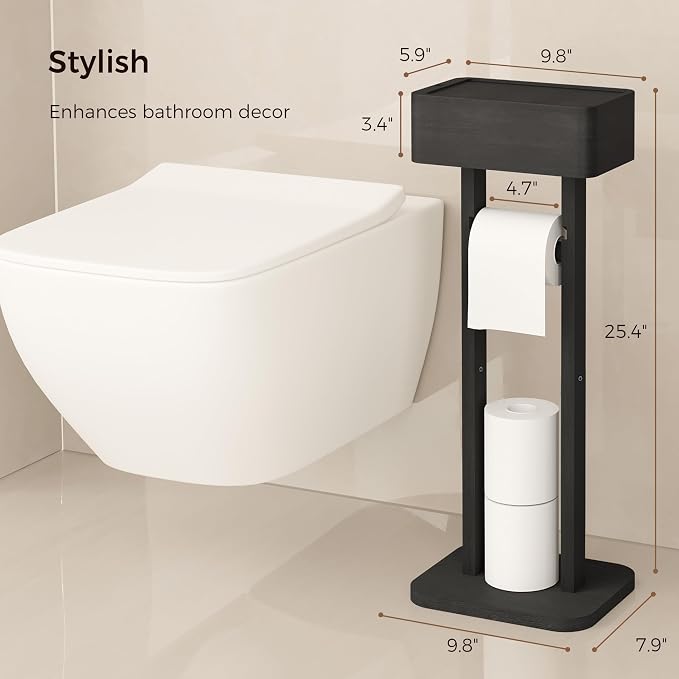 4-in-1 Black Toilet Paper Holder Stand with Storage Shelf Box, 360° Rotating Bamboo Free Standing Toilet Tissue Roll, Toilet Wipes Dispenser Organizer, Temporary Desktop for Bathroom (Patent) | 360° Rotating Bamboo Free Standing Toilet Tissue Roll, Toi...