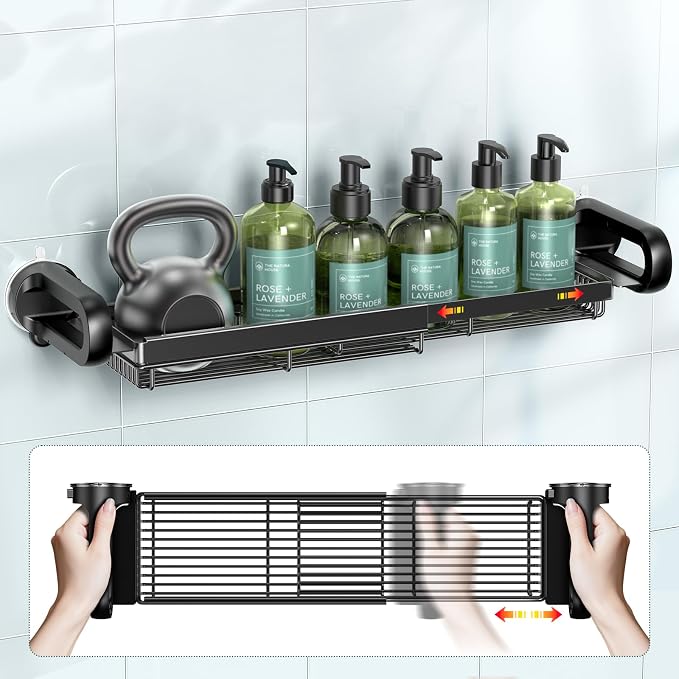 JOTPE Expandable Shower Caddy, No-Drill Suction Shower Shelf, Black | Expandable Shower Caddy with Strong Suction, No-Drill Installation and Spacious Storage for Shampoo, Soap and Bath Essentials