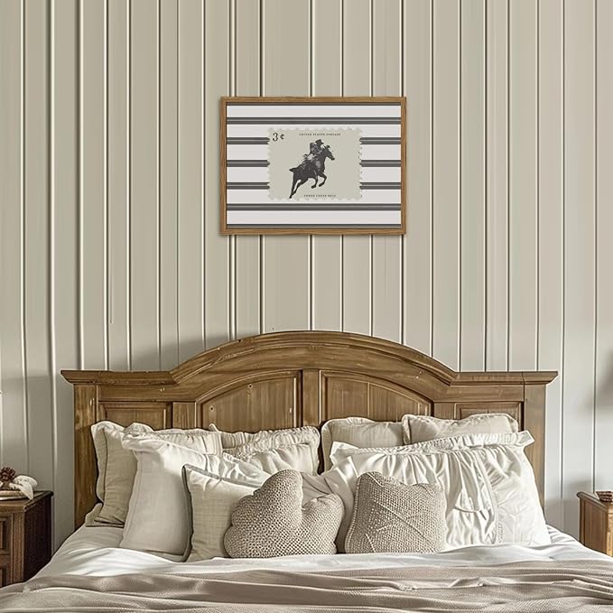 Western Cowboy Wall Art Vintage Southwestern Rodeo Wall Decor Painting Cowboy Striped Stamp Poster Canvas Print Picture for Living Room Bedroom 16x24 inch Wood Framed