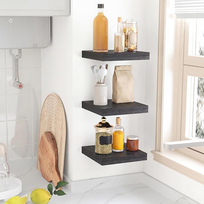 Fixwal Small Floating Shelves for Wall Decor (Black, Set of 3, 8x8Inch) | Invisible Bracket Black Floating Shelves, 8x8in, Holds 8Lbs Each, Space Saving, Modern Decor for Any Room