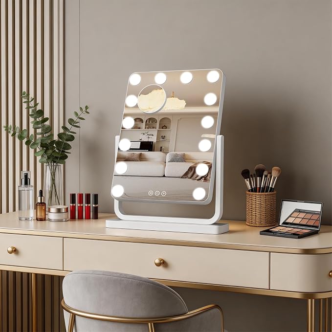 Vanity Mirror with Lights, 18"×15" Hollywood Makeup Mirror with 14 Dimmable Bulbs, 3-Color Lighting, Dimmable, 360° Rotation, 10x Magnification, Desk Mirror, Bedroom (White)