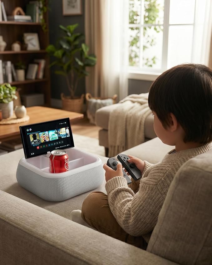 Viozon Couch Cup Holder Tray, EPP Foam Floating Bathtub Tray & Pool Caddy with 360° Adjustable Phone Stand Dock, Detachable Snack Drink Organizer for Sofa Bed (Grey)