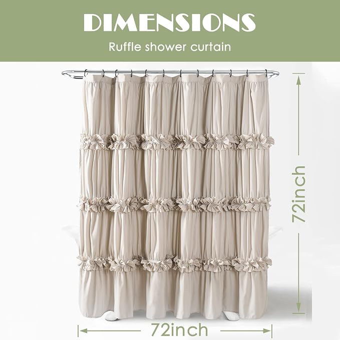 Camel Ruffle Shower Curtain 72" W x 72" H | Vintage Handcrafted Bow Tie Bath Curtain for Master Bathroom, Ruched Microfiber Bathroom Curtain with 12 Buttonholes (LQ-10)
