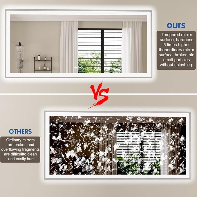 60x28 Inch LED Bathroom Mirror with Silver Frame | Silver Metal Frame, Front and Backlit, 3 Colors, Dimmable, Memory, Anti Fog, Tempered Glass, Lighted Mirror for Wall
