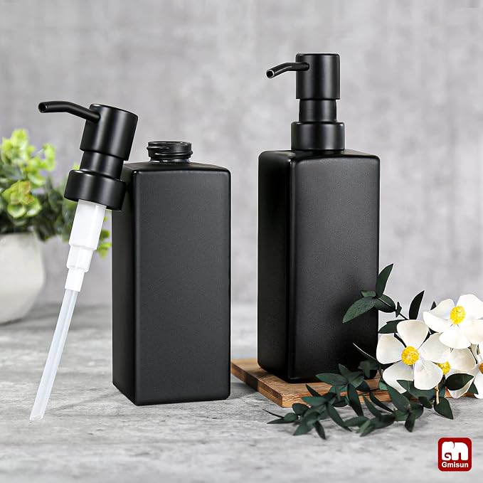 GMISUN Black Soap Dispenser, Hand Soap Dispenser Bathroom, 12oz Glass Soap Dispenser with Stainless Steel Pump, Liquid Dish Soap Dispenser for Kitchen, Modern Bathroom/Kitchen Soap Dispenser Set