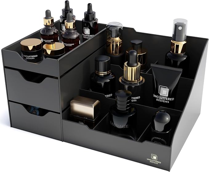 Large Black Vanity Organizer - Countertop Mens Organizer With Drawers for Cologne, Deodorant, Beard, Shaving Lotion, Perfume & Skincare - Perfect for Bathroom & Bedroom Storage