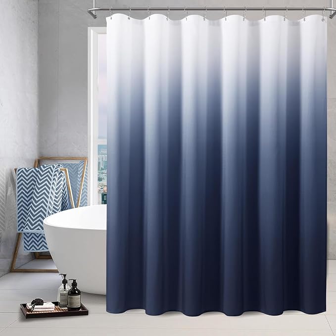 Navy Blue Extra Long Shower Curtain 84 Inch Length for Bathroom, Ombre Blue and Bath Shower Curtains Set with Hooks, Men Coastal Nautical Accessories Water Repellent Bath Hotel Spa Decor 72x84
