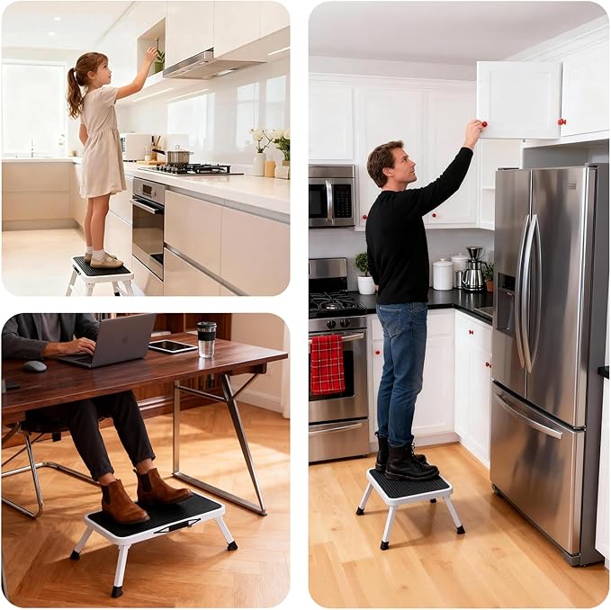 DUMOS Foldable Step Stool, 330lbs Capacity Sturdy Metal Stool | 1-Step Ladder with Carrying Handle, Non-Slip Platform & Rubber Feet, for RV, Truck, Home Kitchen, Indoor & Outdoor Use