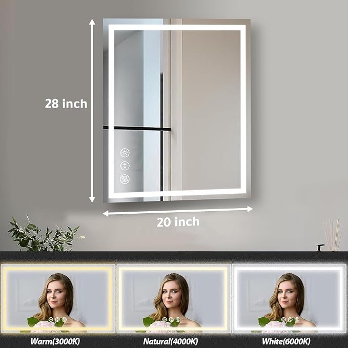 ROOMTEC 20x28 Inches LED Bathroom Mirror with Lights, Vanity Mirror with Front and Backlight, Smart Dimmable Anti-Fog LED Mirror for Bathroom, Memory Function, Tempered Glass (Horizontal/Vertical)