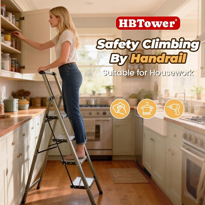 HBTower 4 Step Ladder, Lightweight Aluminum Folding Step Stool | Anti-Slip Wide Pedal, 330lbs Capacity Step Ladder for Household Kitchen Office, Gold
