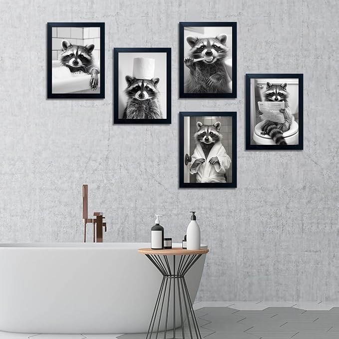 Raccoon Bathroom Decor Wall Art Funny Animal Artwork for Wall Framed Black And White Farmhouse Pictures Cute Animal Print Painting Kids Room Decor