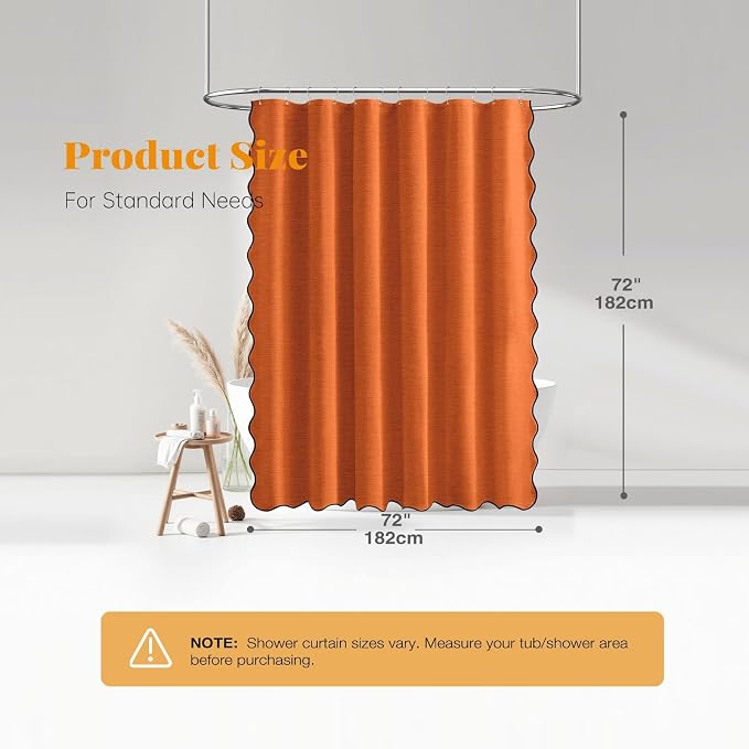 Burnt Orange Boho Scalloped Linen Textured Cloth Shower Curtain, 72x72 | 230GSM Waterproof Polyester, Heavy Duty Fabric, 12 Plastic Hooks, Modern Farmhouse Style, Machine Washable, Bathroom Decor