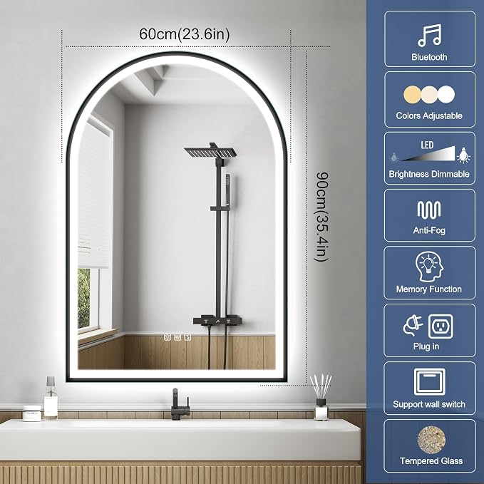 STARLEAD 36"x24" Black Frameless Arched LED Bathroom Mirror with Bluetooth Speaker, Dimmable Lighting, 3 Color Temperature, Anti-Fog, Touch Control Wall Mounted Vanity Mirror