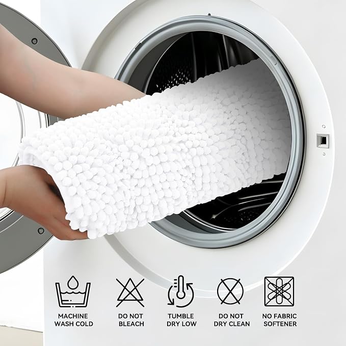 Bcoimo Bath Rug Mat,Chenille Extra Soft White Bathroom Floor Shower Tub Mat | Non Slip with Rubber Backing Bathroom Rugs;High Absorbent And Quick Dry Microfiber mat; Machine Washable;Extra Soft Bath Rug