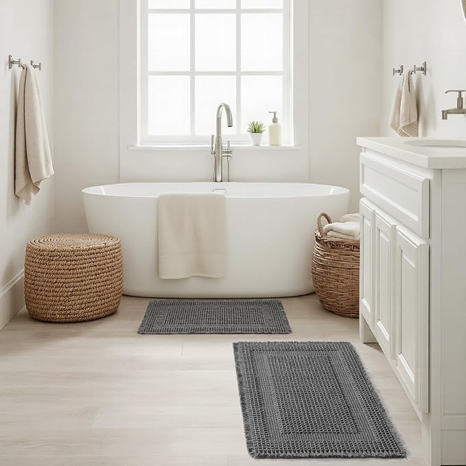 MIULEE Set of 2 Waffle Bathroom Rugs Dark Grey Boho Bath Mat 17x24+18x30 in | Looped Design, Super Absorbent, Non Slip, Washable, Ultra Soft, Rubber Backed, Bathroom Mats for Floor Tub Shower