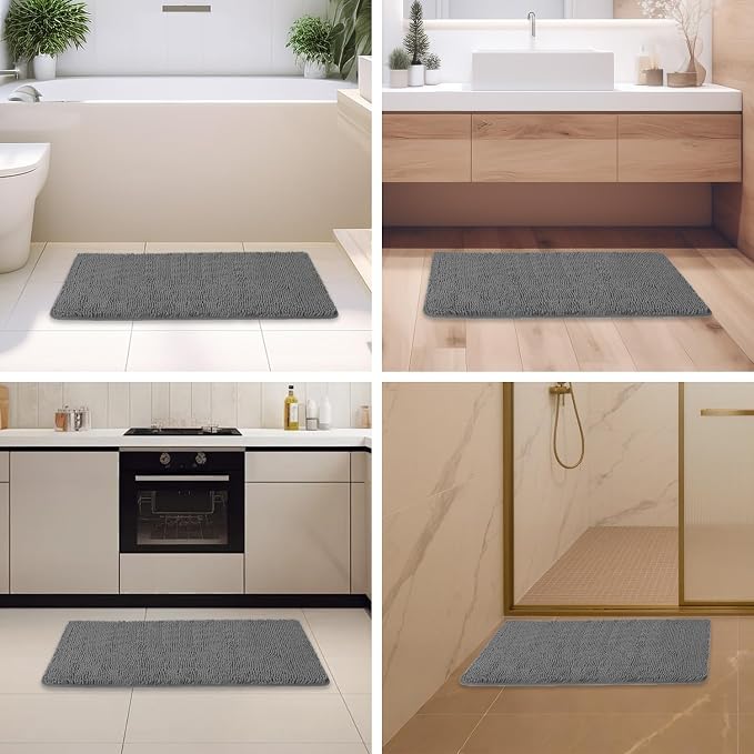 Gray Bathroom Rugs – Absorbent and Washable Bath Mat, Non-Slip, Thick Soft Chenille Bath Rugs for Bathroom Floor, Shower, Sink - 24" x 36"