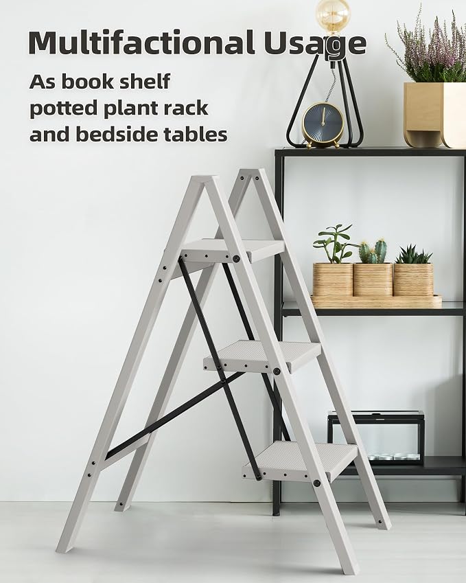 HillhutApex 3 Step Stool Foldable Ladder,Aluminum Step Ladder | Folding Lightweight Stable Stool with Wide Non-Slip Pedals, 330lbs Bearing Capacity Ladder for Office,Home,Kitchen-Grey
