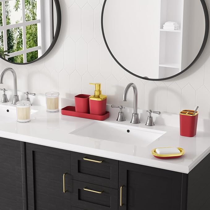 XLHOMO Bathroom Set - Burgundy Bathroom Accessories Set, Bathroom Sets with Shower Curtain and Rugs, Burgundy Shower Curtain Set with Bathroom Trash Can, Soap Dispenser, Soap Dish for Home Decor
