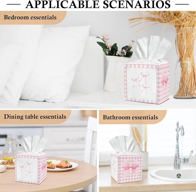 Pink Bow Tissue Box Covers Square, Pink and White Checkered Leather Tissue Box Holders Decorative for Car Nightstand Home Office Bathroom Organizer, Square Facial Paper Organizer Home Decor -018