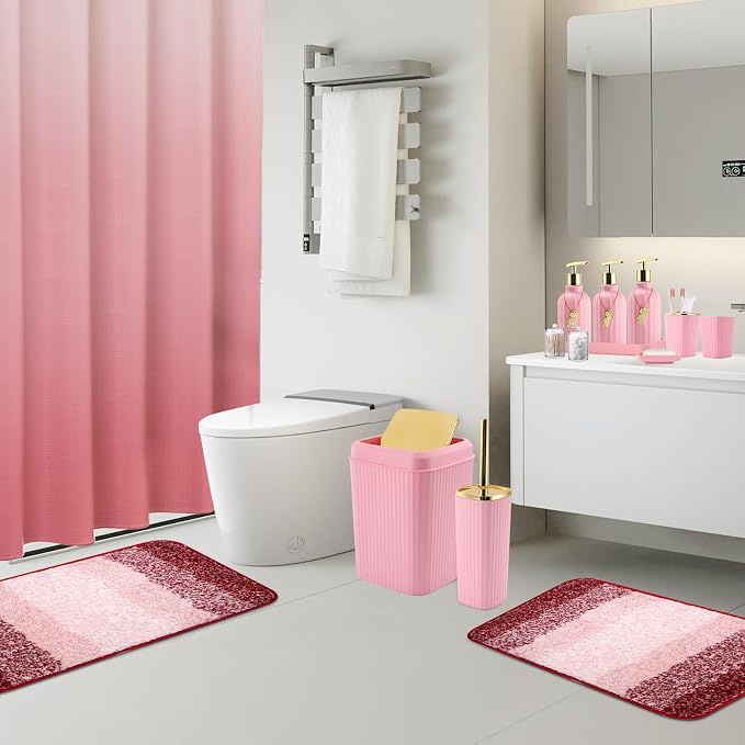 32PCS Bathroom Set Bathroom Sets with Shower Curtain and Rugs Pink Bathroom Accessories,Shower Curtain Set,Bathroom Rug Set with Bathroom Trash Can