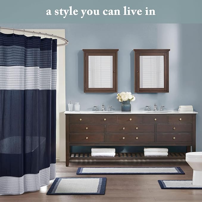 Madison Park Amherst 72 x 72 Bathroom Shower Curtain, Faux Silk, Aqua | Modern Classic, Light Sheen, Pieced, Striped, Microfiber, Machine Washable, OEKO-TEX Certified, Amherst