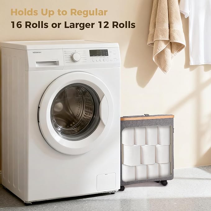 Toilet Paper Storage Organizer with Lid, 33L, Holds 16 Rolls (Grey) | Slim Foldable Design, Waterproof, with Lockable Wheels for Mobility, Ideal for Bathroom, Bedroom, Dorm, Laundry Room