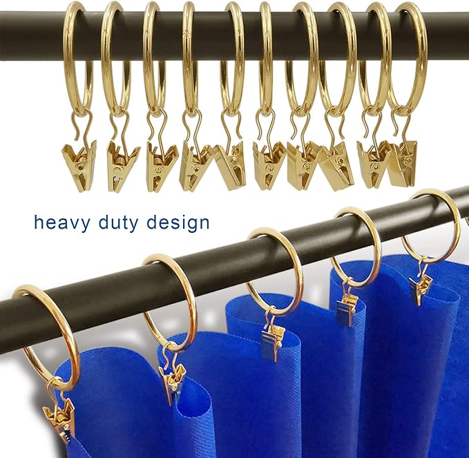LLPJS 40 Pack Metal Curtain Rings with Clips, Curtain Clip Rings Hooks for Hanging Drapery Drapes Bows, Curtain Rod Rings 1.5 inch Interior Diameter, Gold