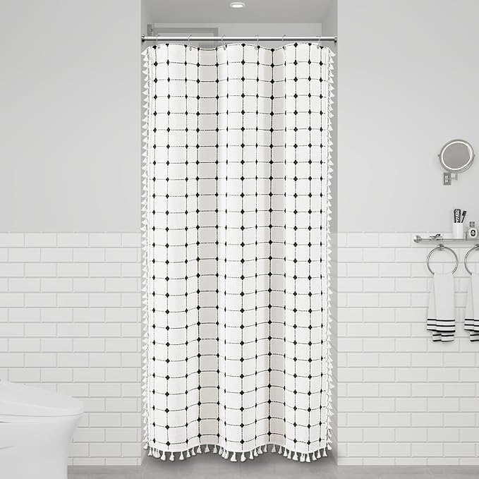 Stall Boho Farmhouse Linen Shower Curtain Set, 36x72, White and Black | Half Size, 330GSM Linen Blend, 3-side Tassels, Water Repellent Fabric, 6 Plastic Hooks, Rustic Bohemian, Machine Washable