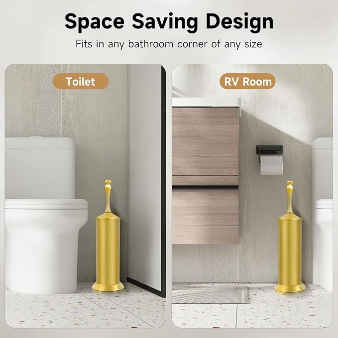 Brass Toilet Brush and Holder,Extra Long Handled Gold Toilet Brush for Bathroom,Stainless Steel Heavy Duty Toilet Bowl Brush,Deep Cleaning Modern Toilet Cleaner Brush -Space Saving, Covered Brush