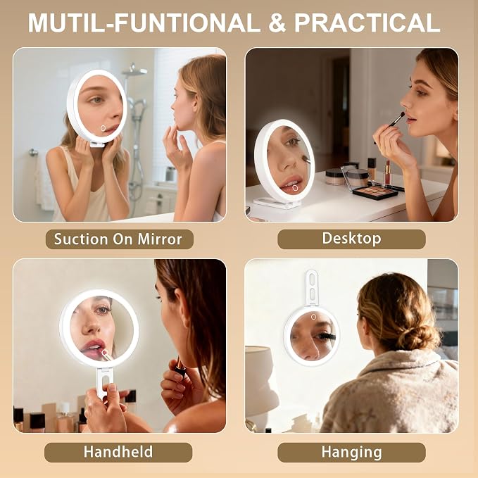 Mocado 30x Magnifying Mirror with Light, 6" Magnifying Mirror Suction Cup | 3 Colors Light, Dimmable Touch, 0-100% Brightness Adjustable, Stable Stand, 2000mAh Rechargeable, Handheld Mirror,(White)